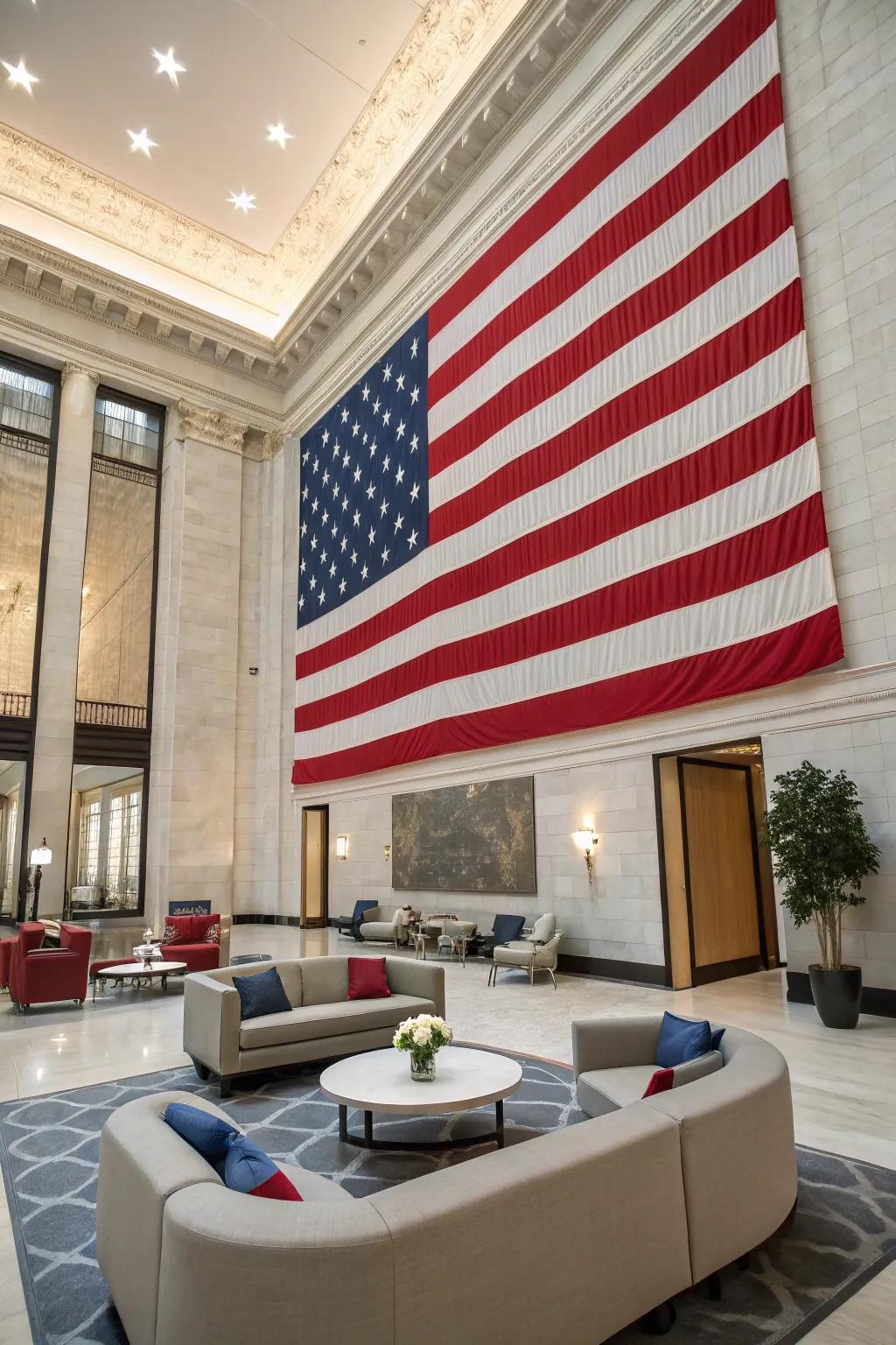 A stars and stripes wall design injects energy and character into this contemporary living space.