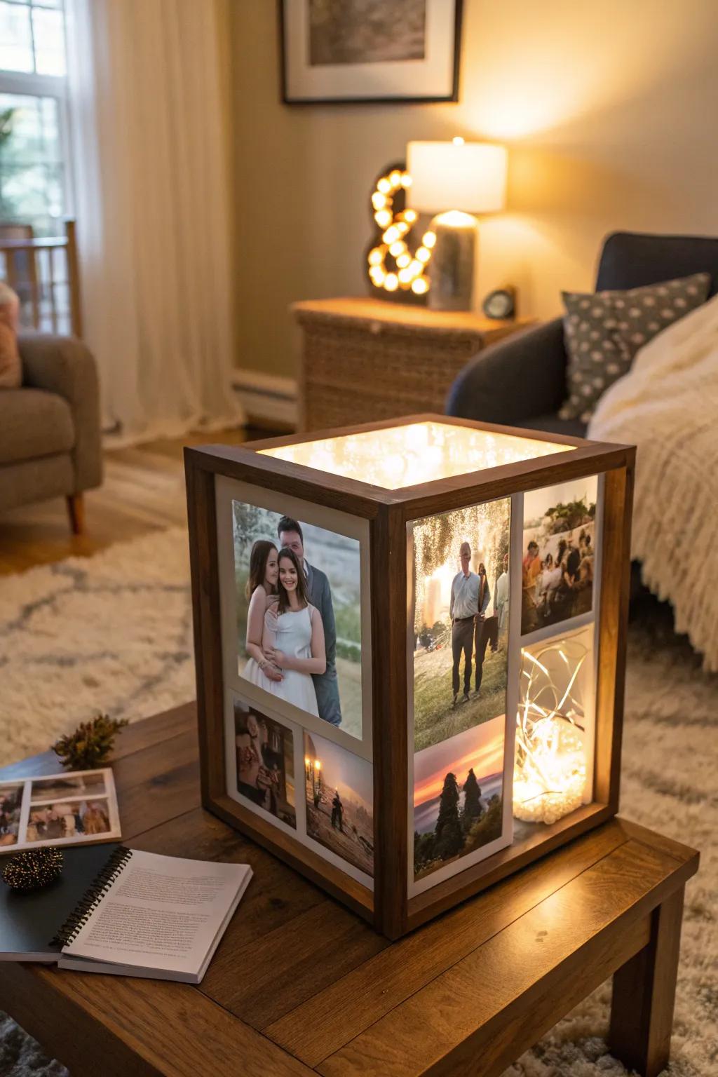 A picture-filled shadow box narrates your love story in glimpses.