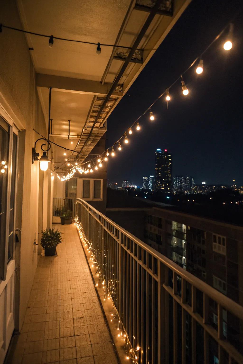Twinkling lights impart a comforting, magical radiance on this balcony.