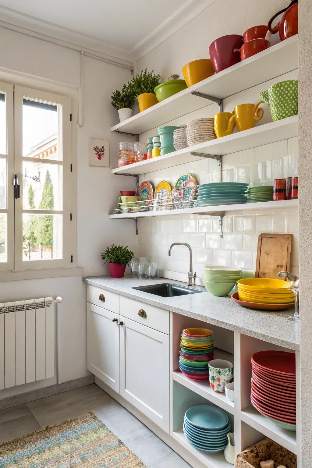 Display shelving enhances both visual appeal and functionality in a compact kitchen.