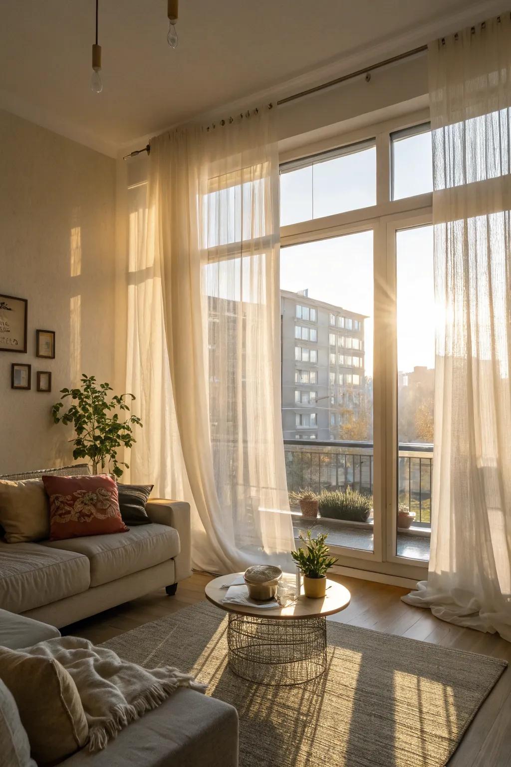 Taking full advantage of daylight with airy curtains and reflective mirrors.