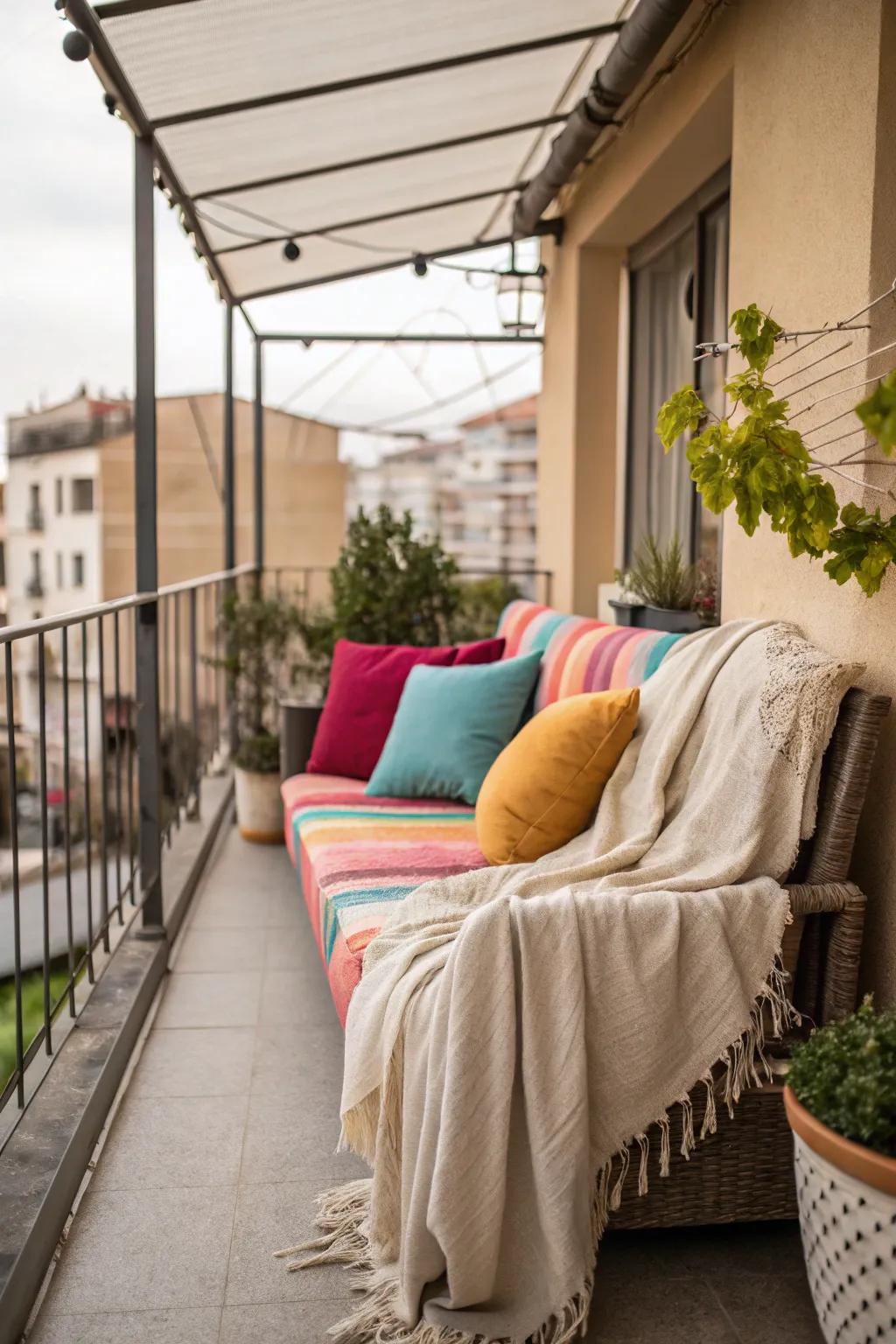 A comfortable seating space with bright cushions is ideal for unwinding.