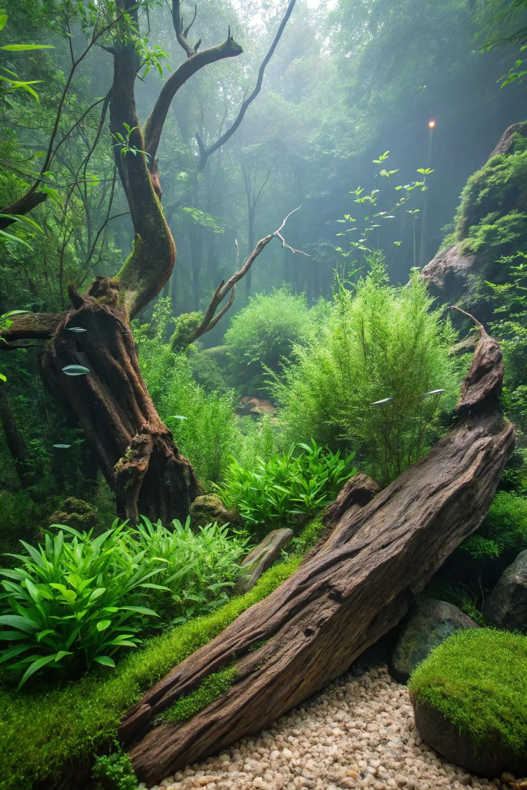 Design a natural oasis filled with thriving greenery and driftwood.
