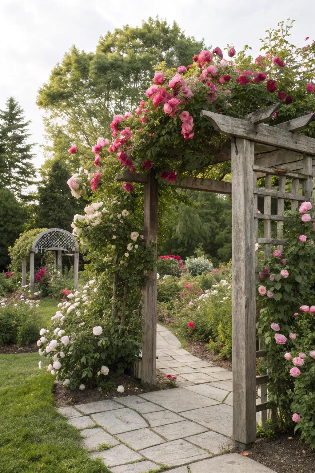 A timeless wooden arbor adorned with lively climbing roses.