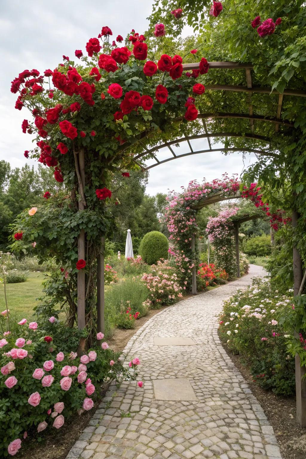 A rose-covered arbor creates an enchanting and romantic garden entrance.