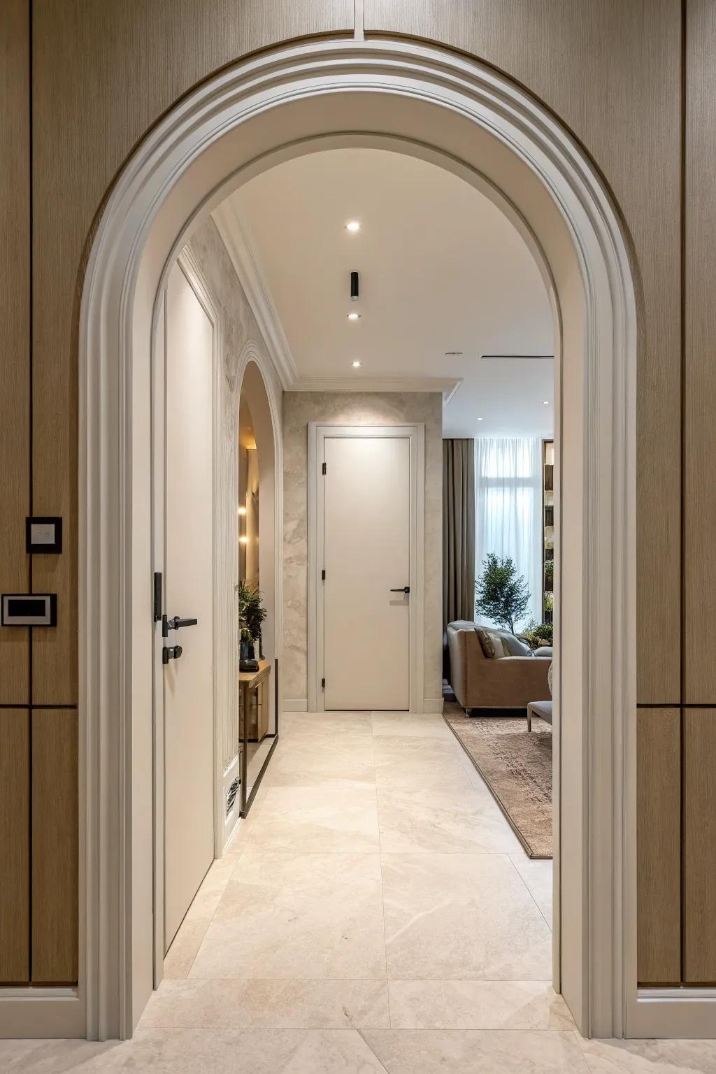 A minimalist archway door enhancing the purity of a modern interior.