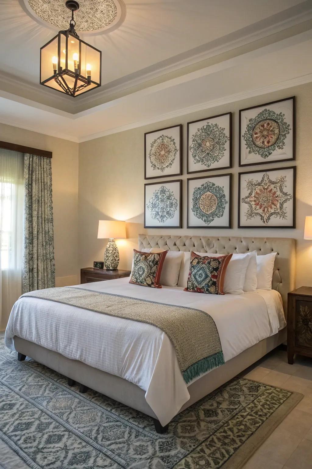 Discover serenity with symmetrical art above your bed.