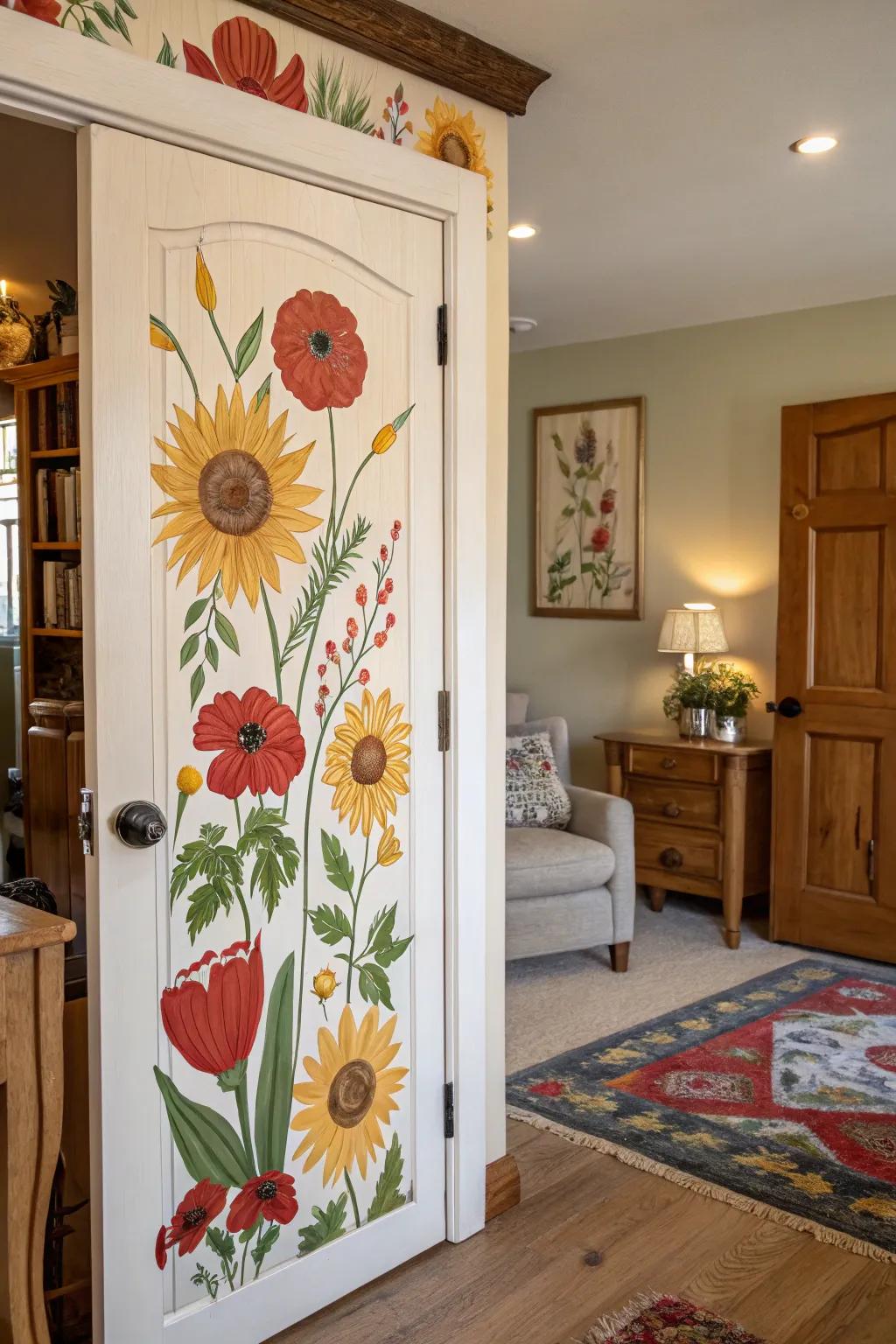 A door transformed into a floral wonderland adorned with lively sunflowers and poppies.