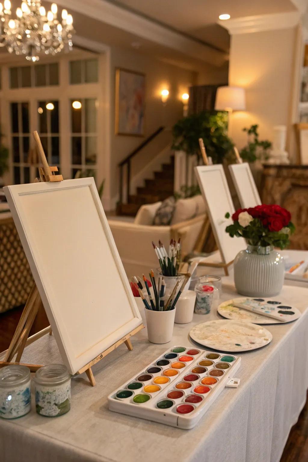 An inviting painting area is prepared, setting the stage for guests to produce their own works of art.