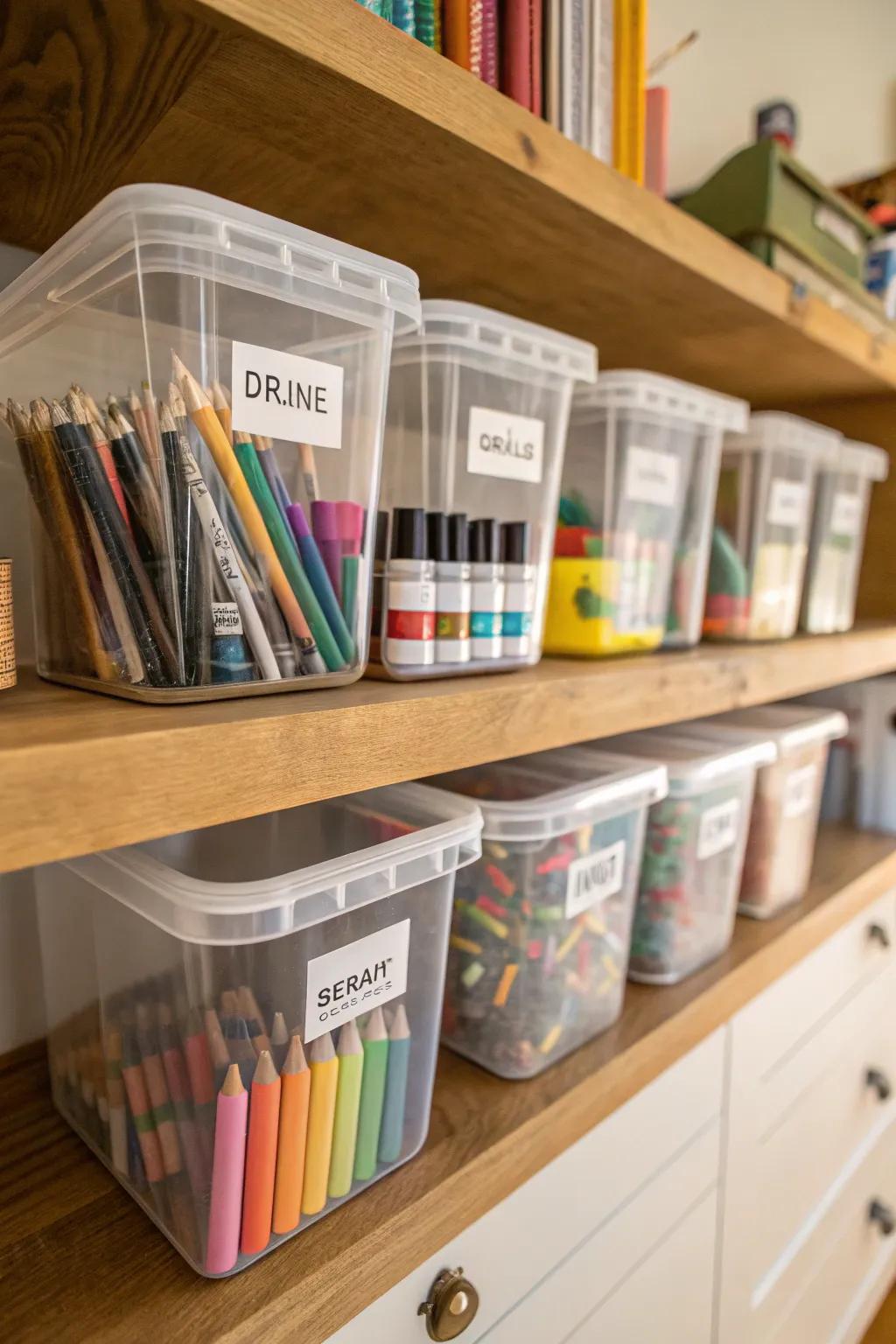 Using clear containers with labels makes finding art supplies incredibly easy.