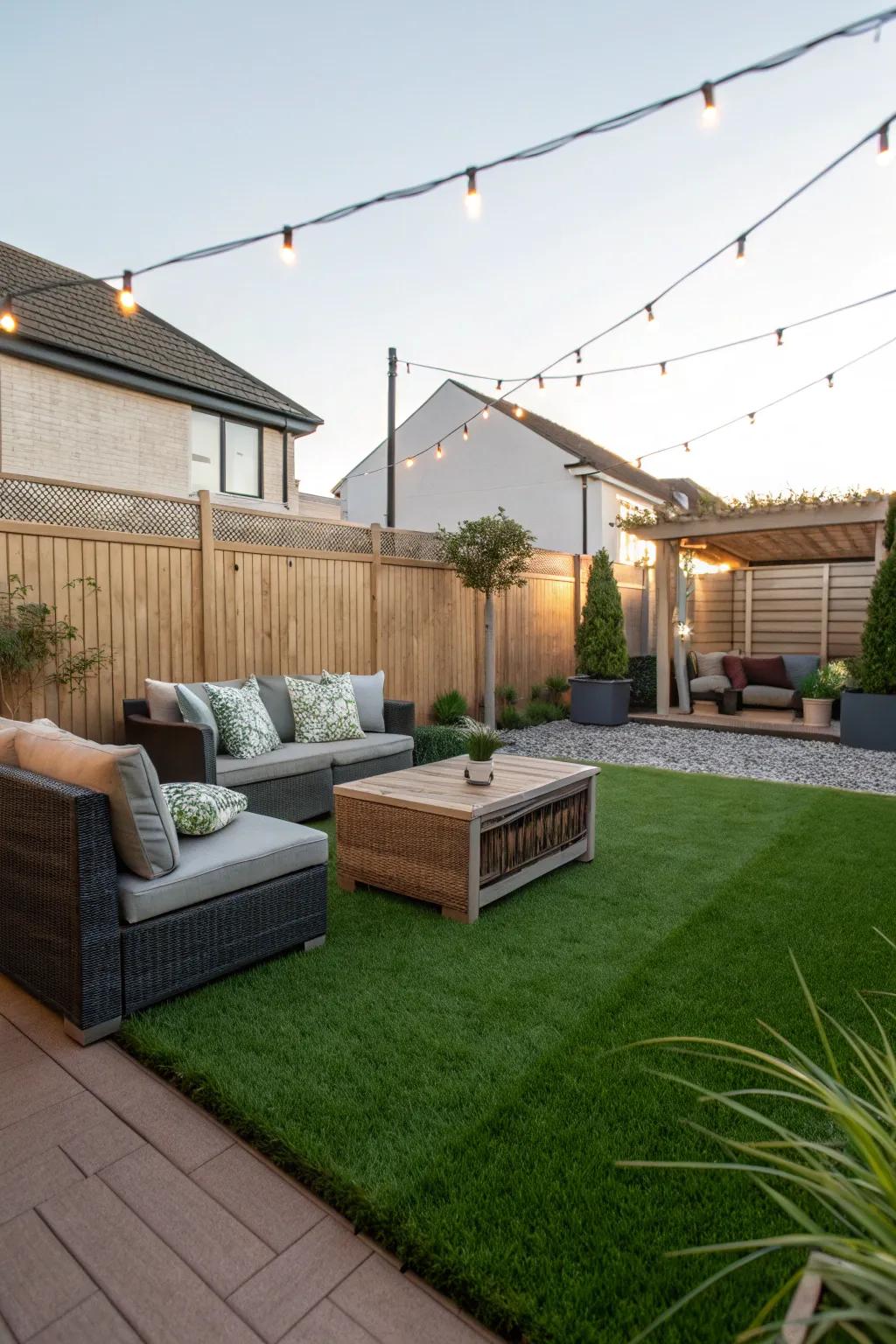 A welcoming lounge area on a vibrant synthetic lawn.