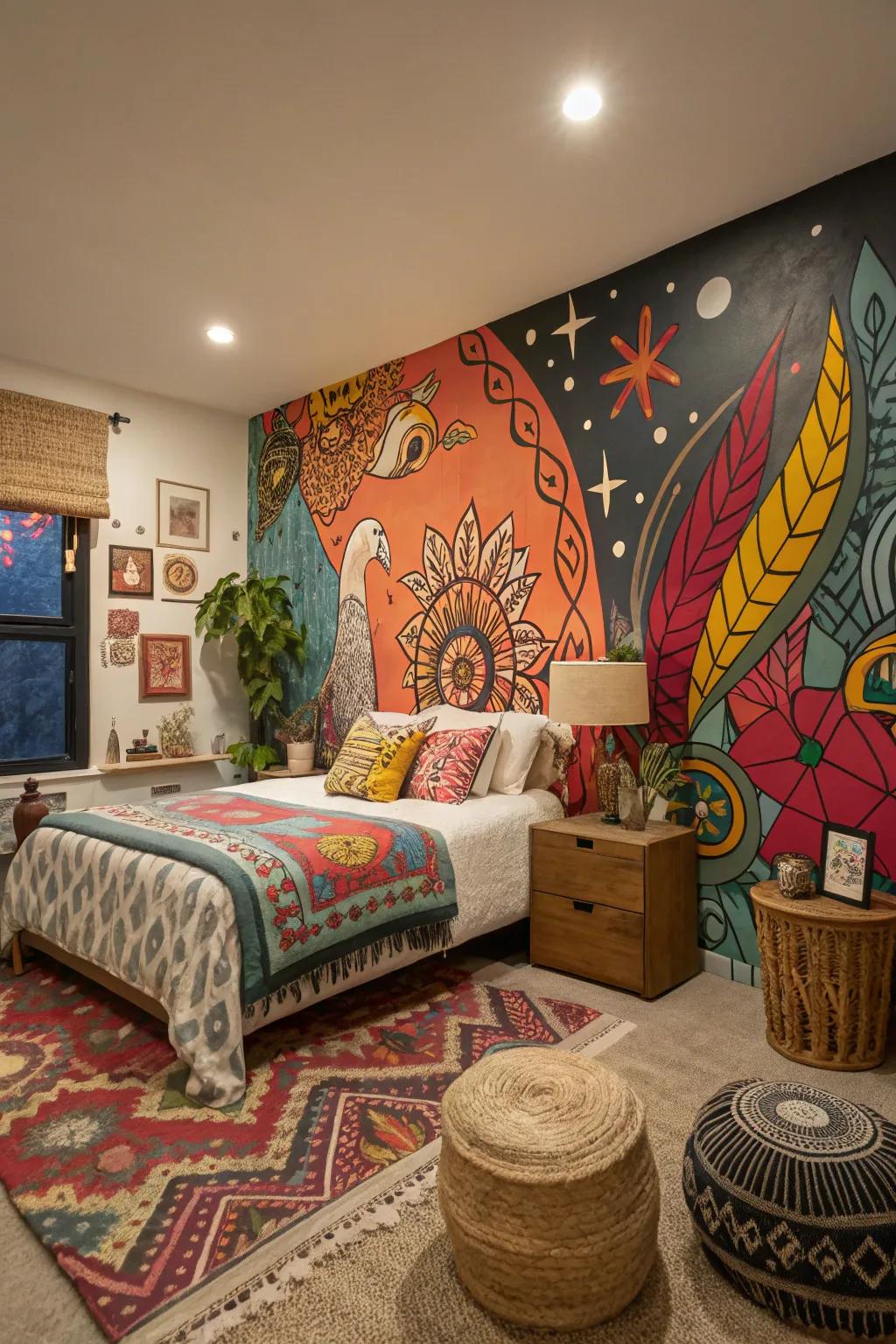 A bold accent wall can become the centerpiece of your artistic bedroom.