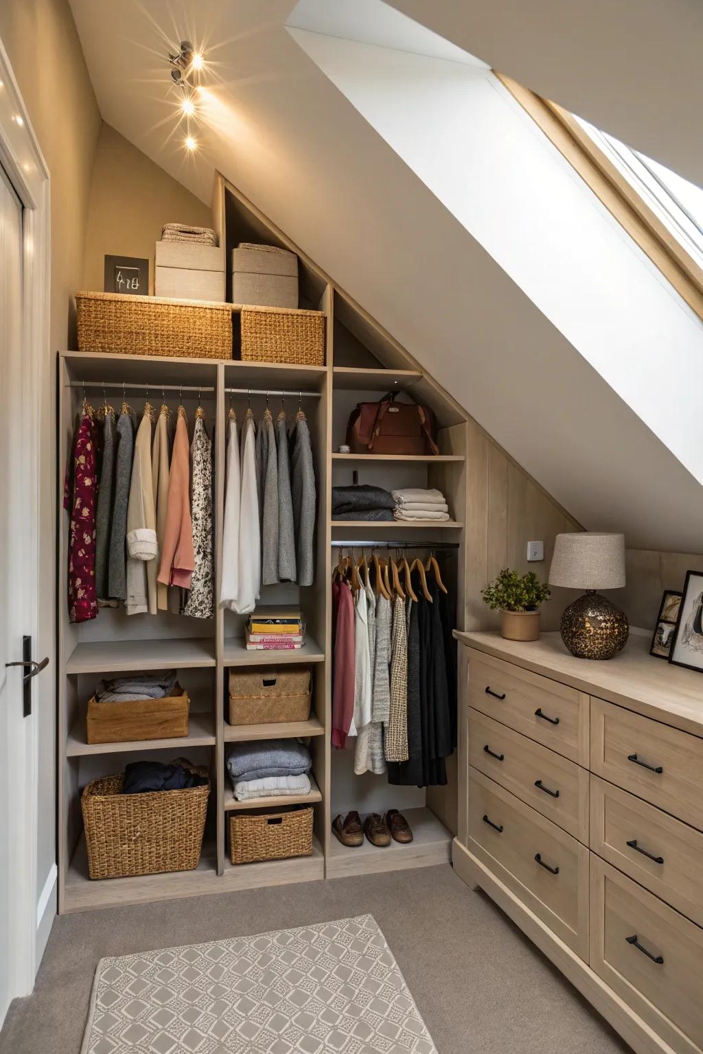 Use sloping ceilings to create unique shelving setups.