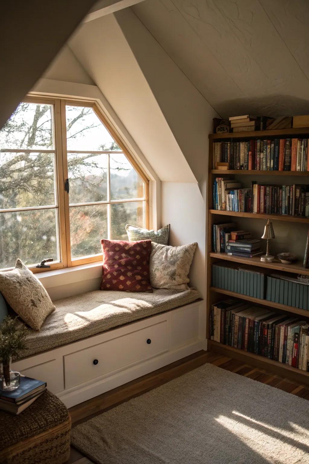 Design a charming and snug reading corner in your attic space.