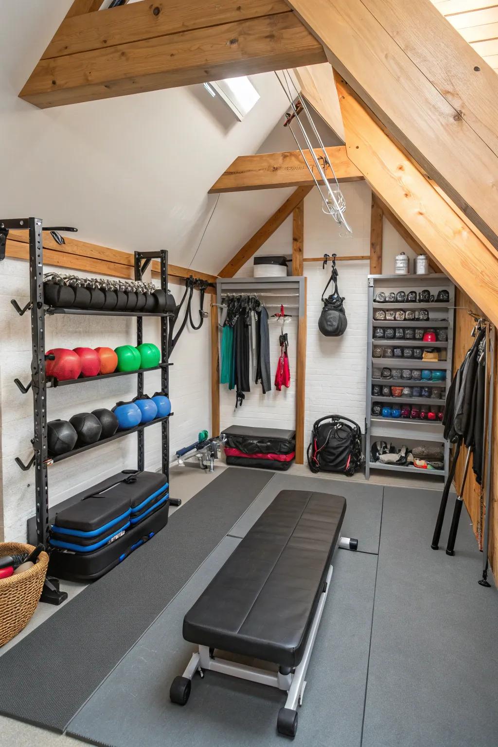 Thoughtful utilization of space through streamlined and functional fitness gear.