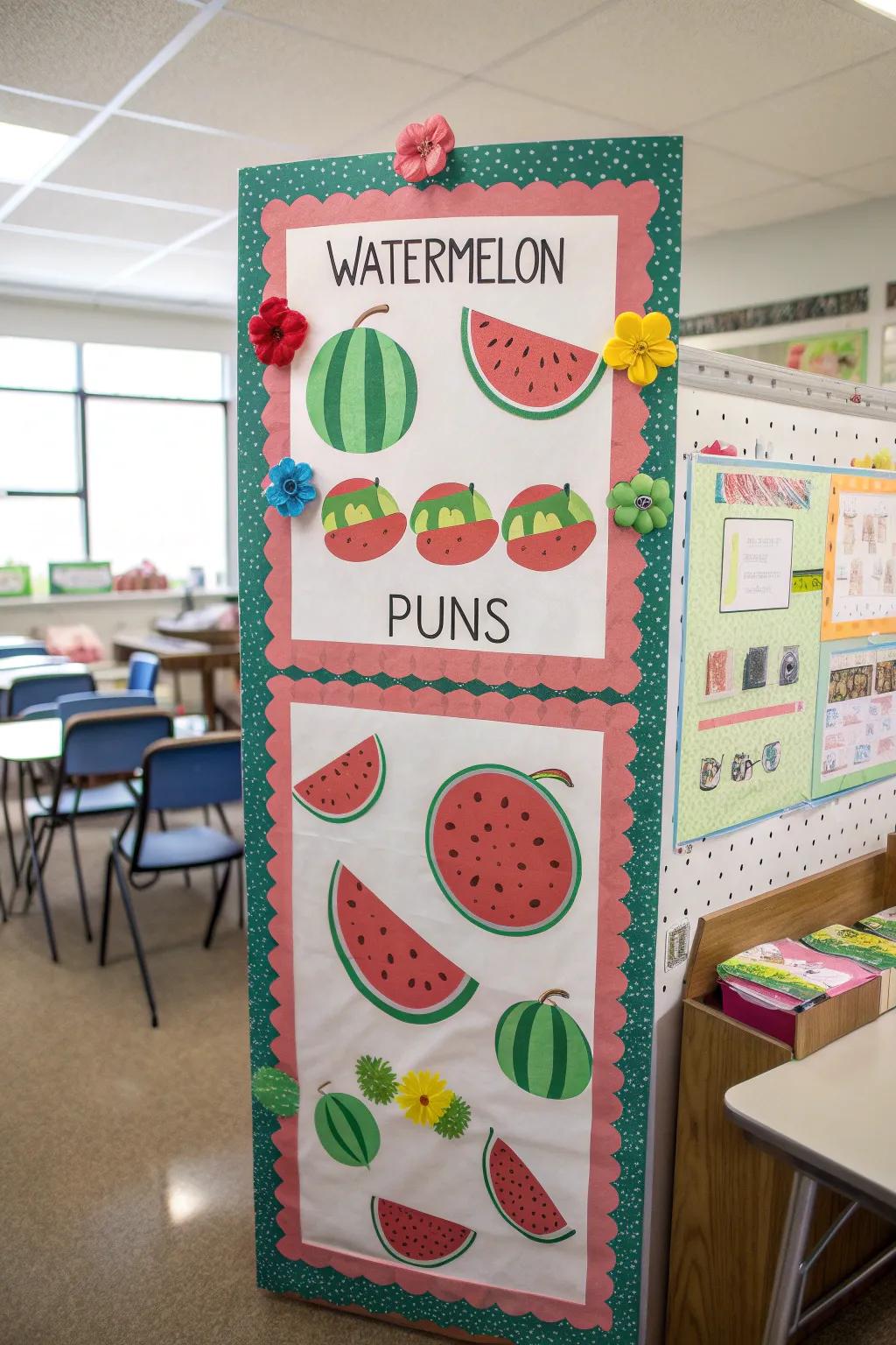 A watermelon-themed bulletin board that keeps those summer vibes thriving.
