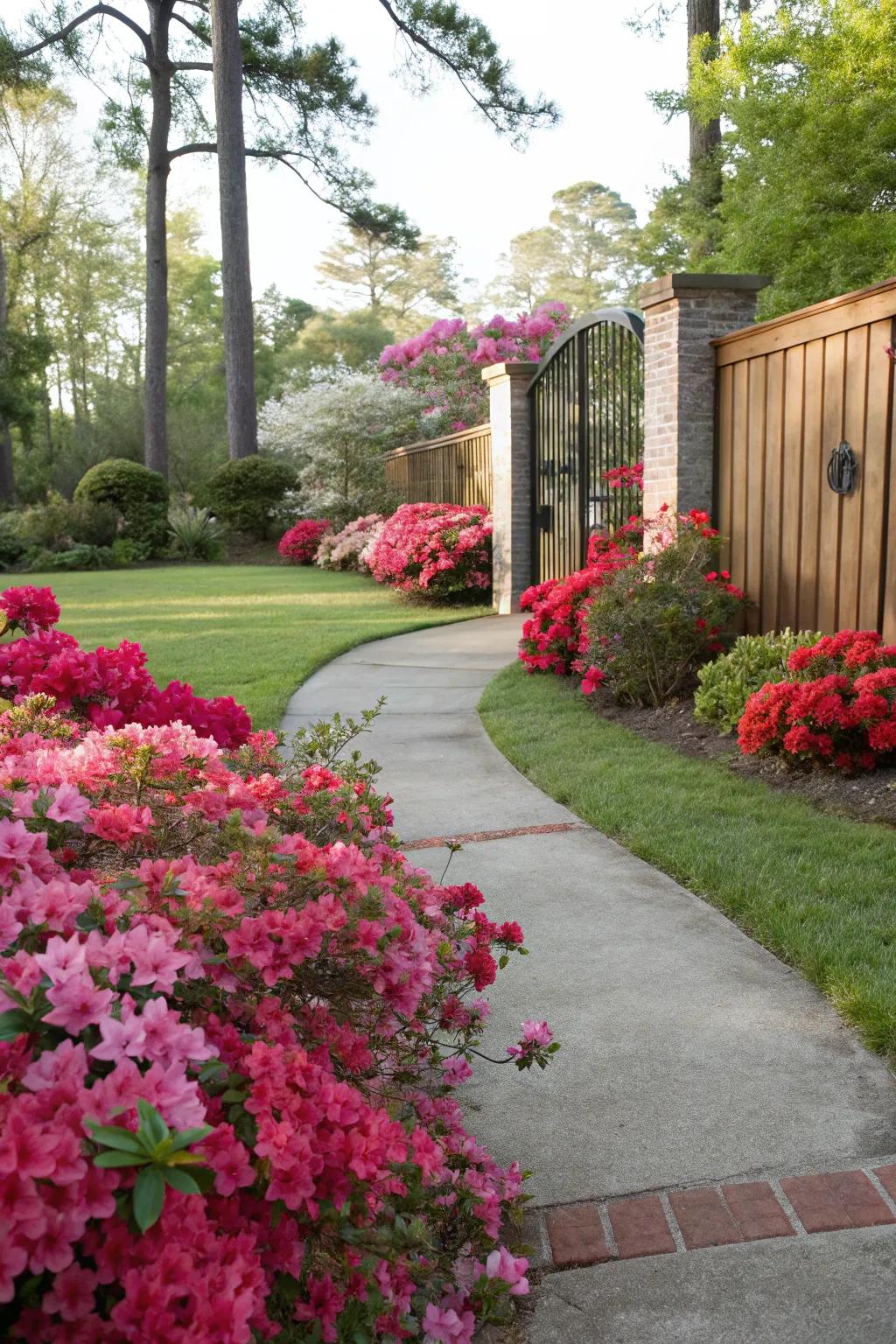 A vibrant azalea-lined pathway establishes a welcoming entryway.