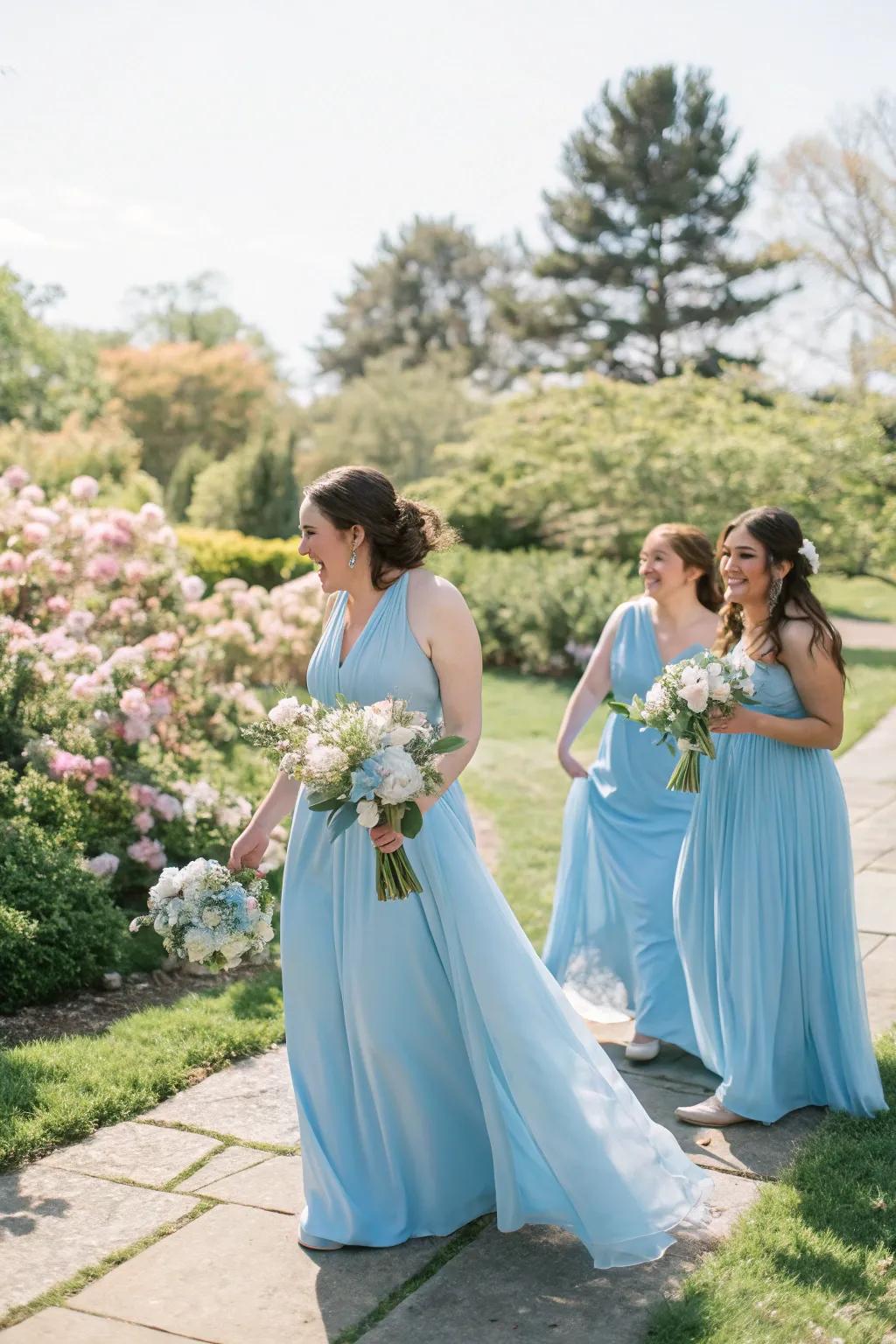 Light azure bridesmaid dresses provide a refreshing and sophisticated vibe to the bridal party.