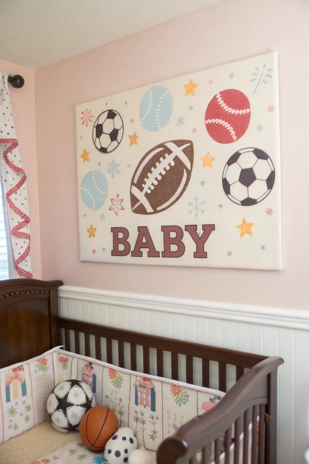 Personalized sports-themed wall art brings a unique touch to the nursery.