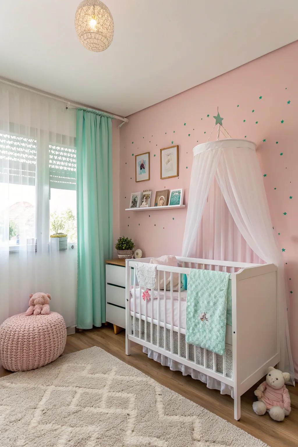 A peaceful pastel bedroom is just right for a baby girl.