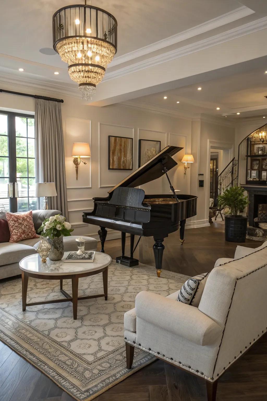The grand concert instrument stands as the focal point in this welcoming living space.