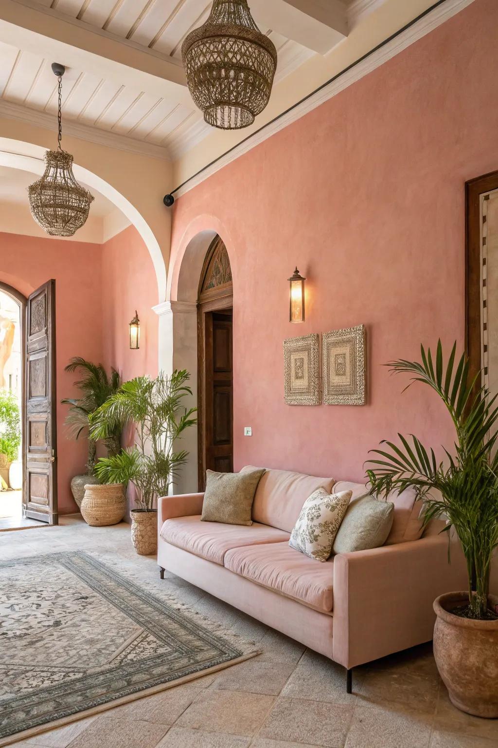 An area featuring delicate pink walls matched with understated furnishings for a serene mood.