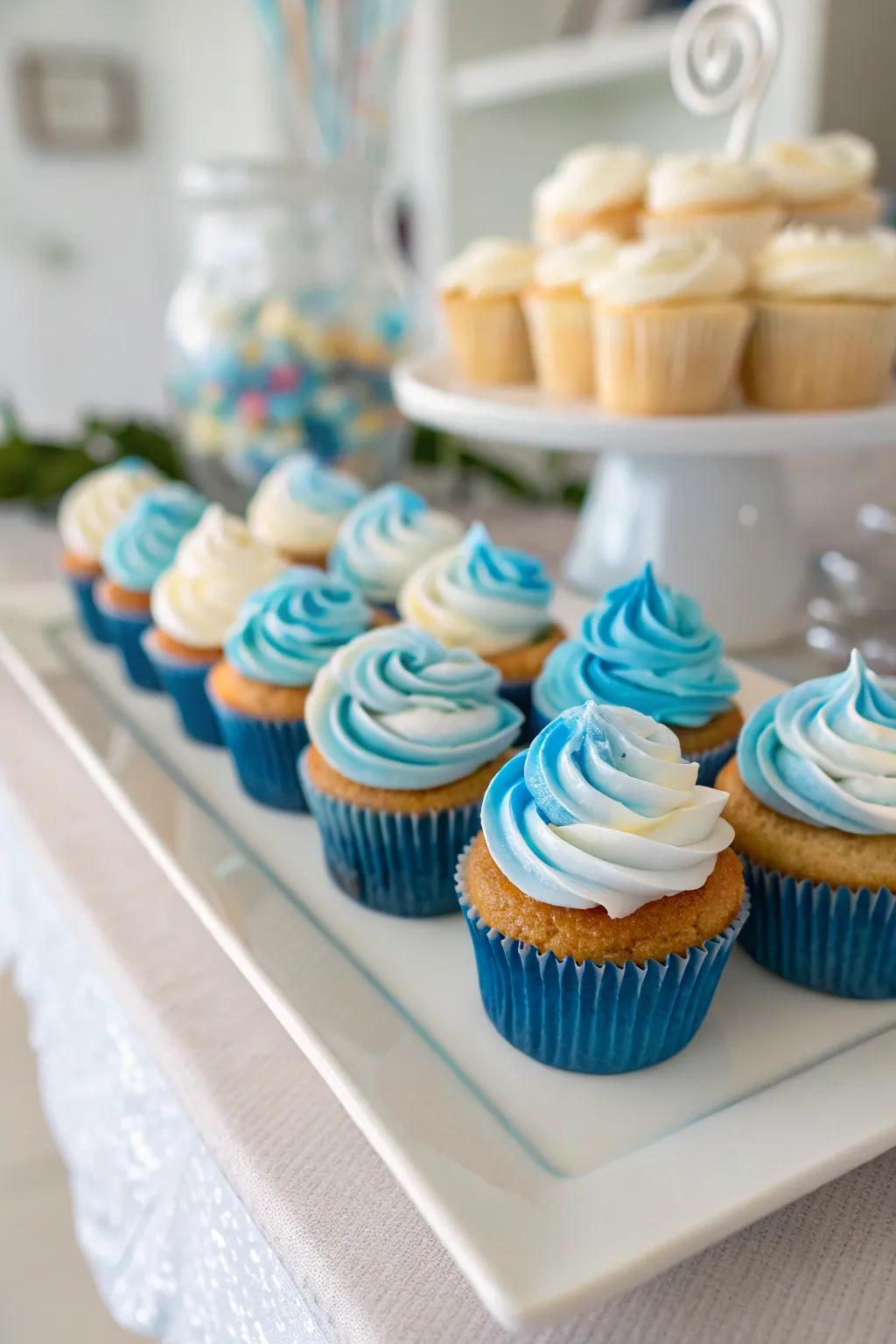 Classic azure and white swirled cupcakes, the perfect treat for a baby boy's shower.