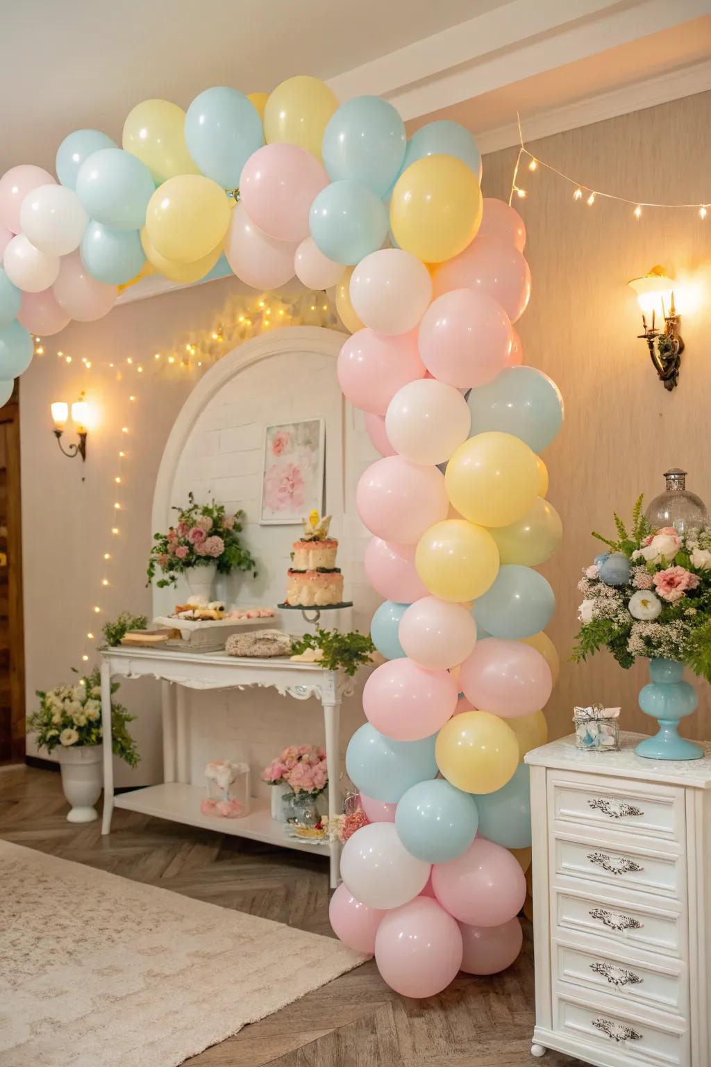 A soft-toned balloon display beautifully accents the baby shower space, setting a whimsical scene.