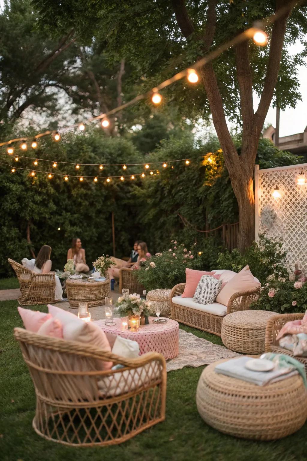 A chic outdoor lounge featuring rattan furniture and soft-toned cushions.