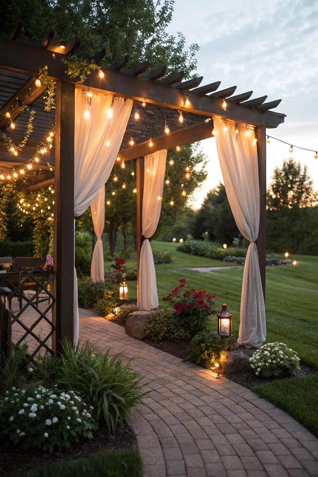 String lights make the backyard pergola feel like a magical place.