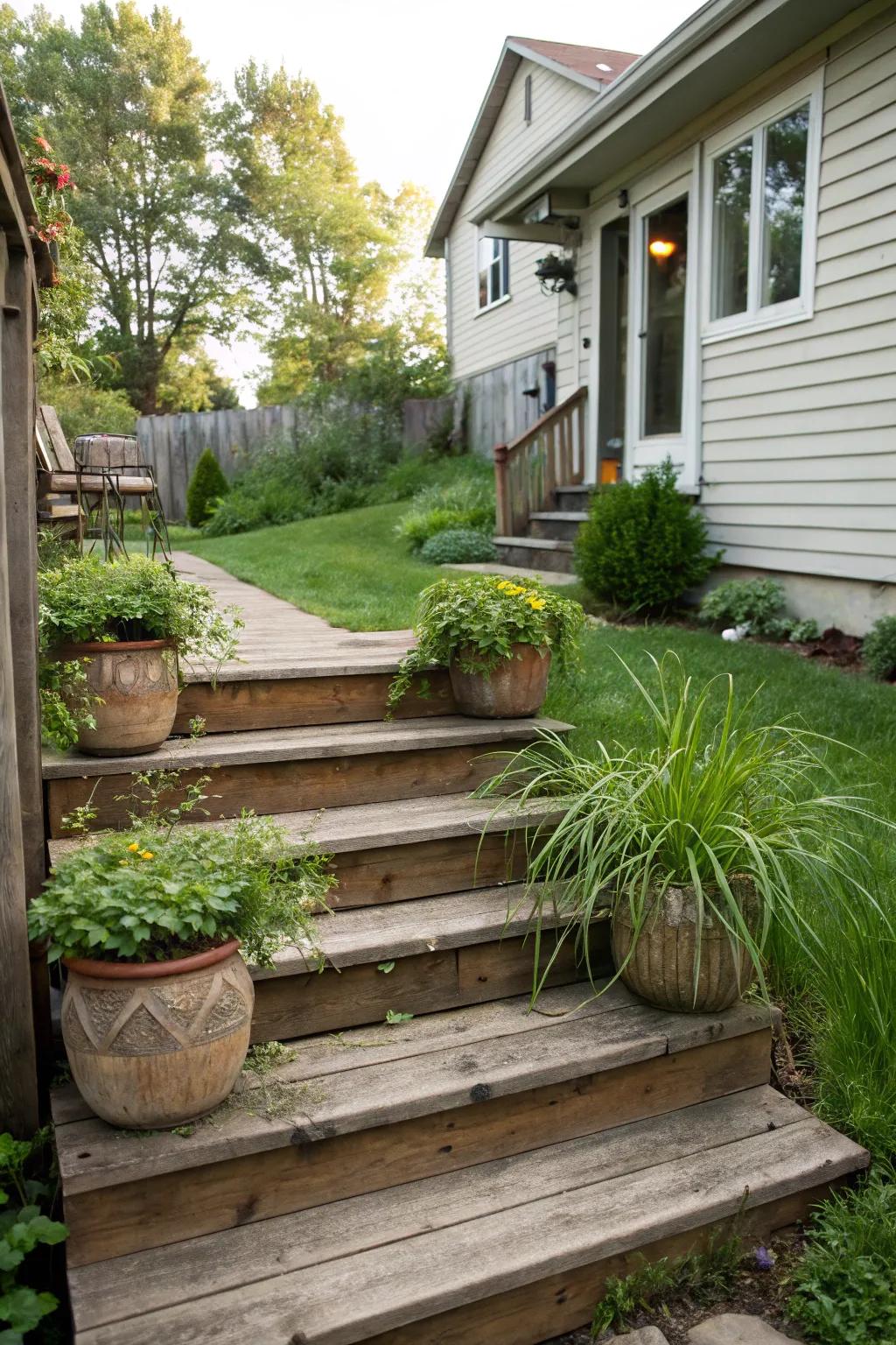 Wide wooden steps create a welcoming transition from indoors to outdoors.