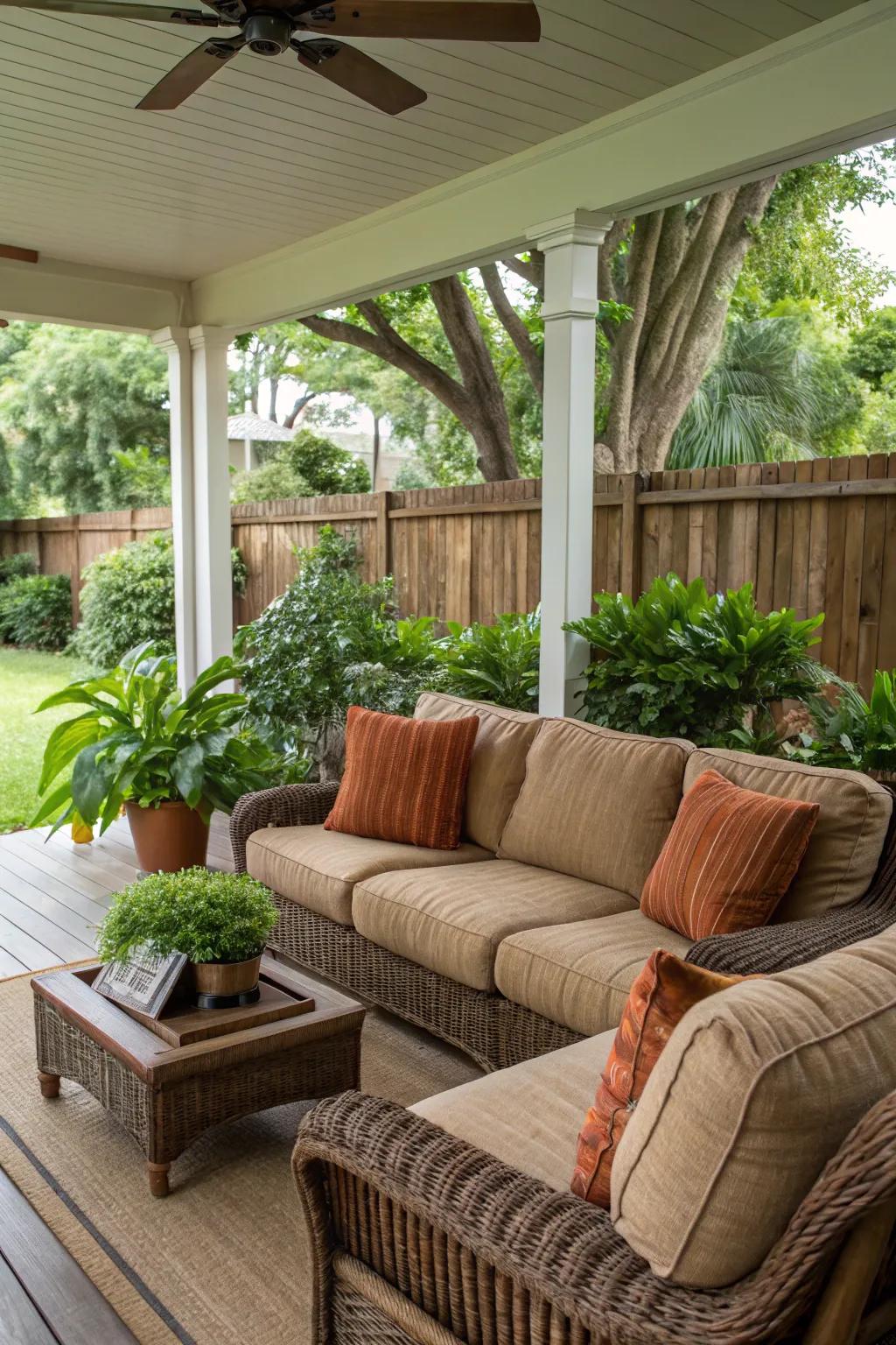 Relax into the plush comfort of your back porch seating.