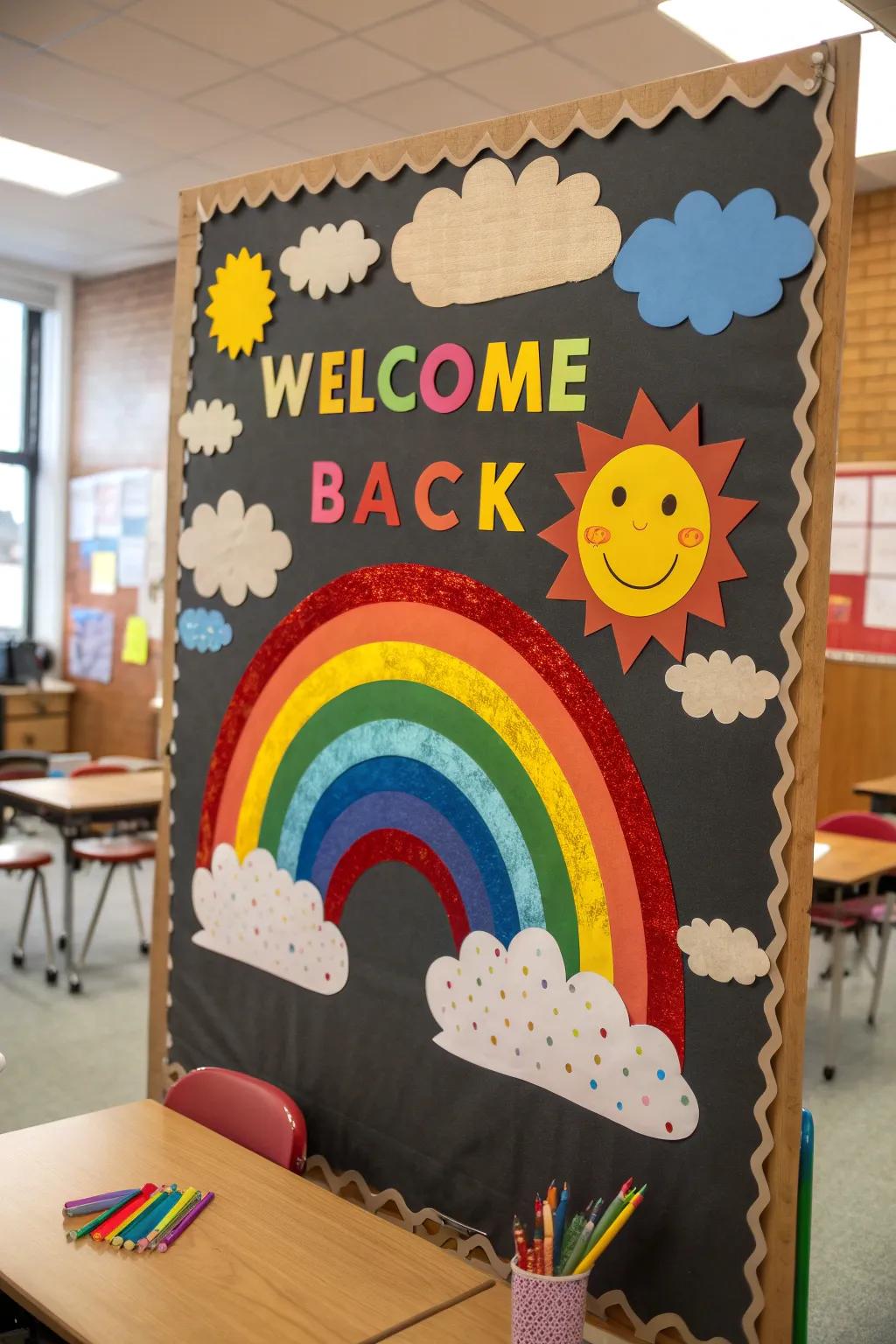 A bright rainbow bulletin board enhances the classroom atmosphere.