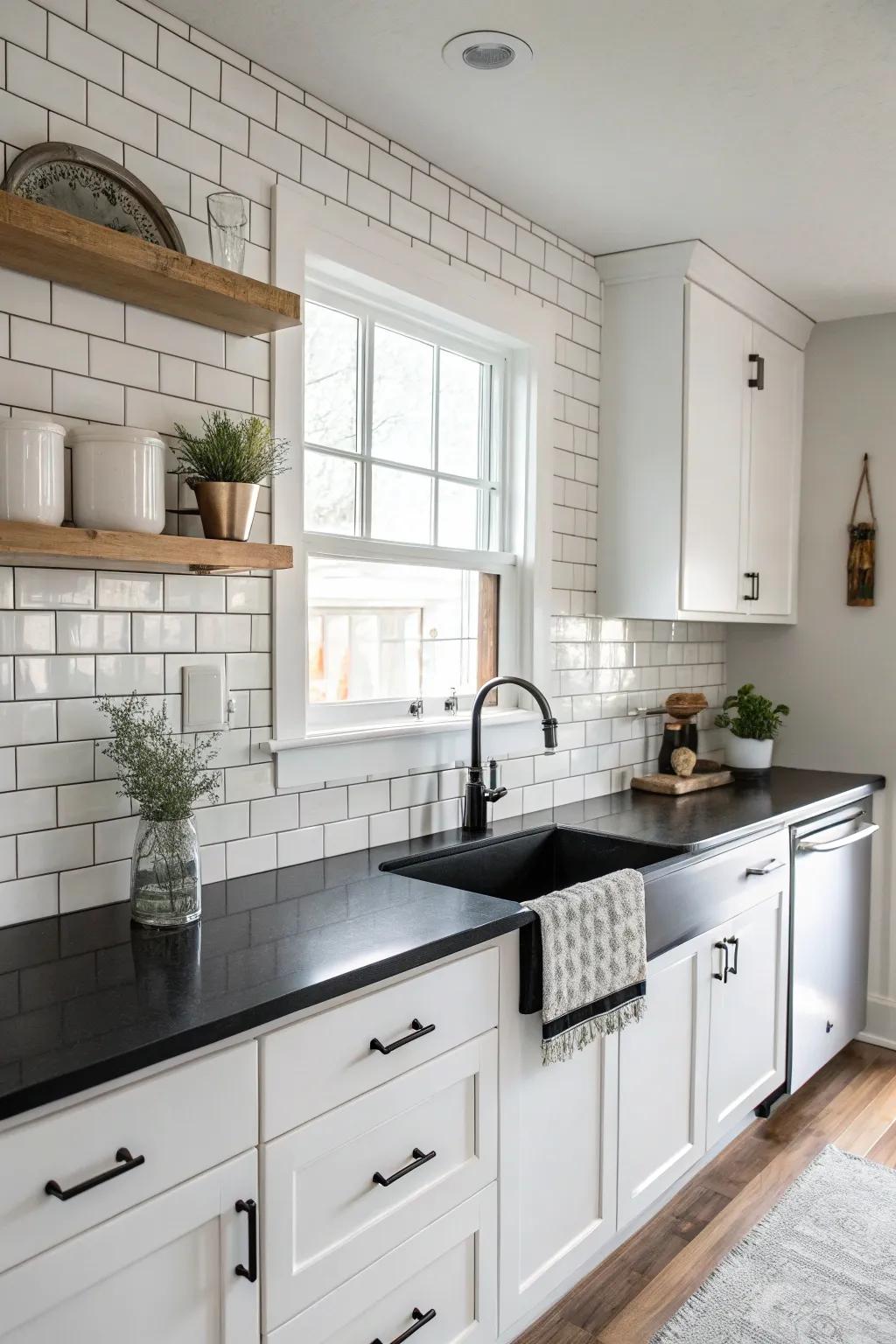 White bricks provide a striking contrast to black countertops.