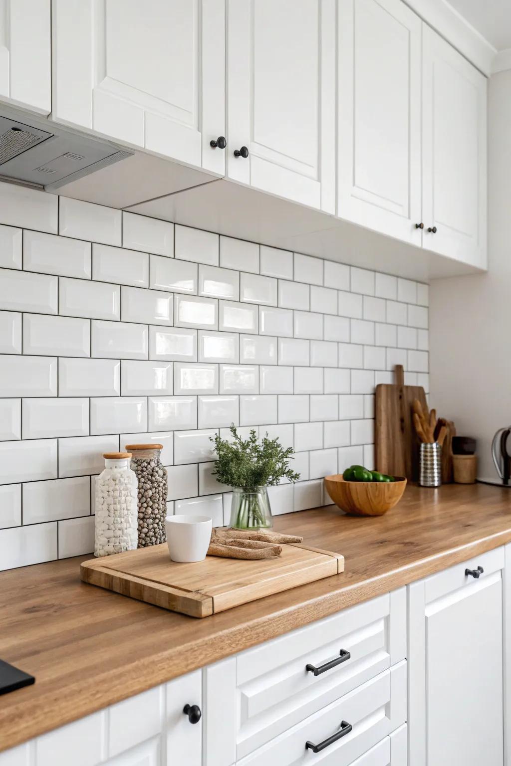 Timeless elegance with white subway tiles and butcher block.
