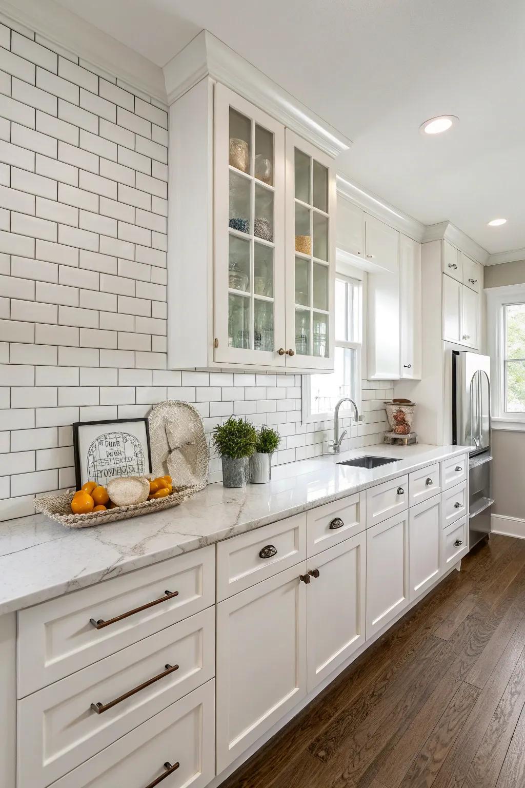 Classic white standard-sized tiles bring a timeless quality to this refined kitchen.