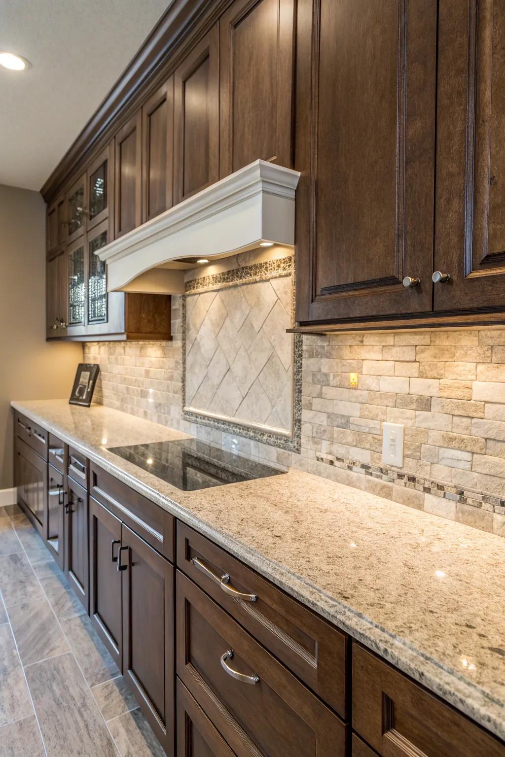 A backsplash with mixed materials lends both texture and visual interest to granite countertops.