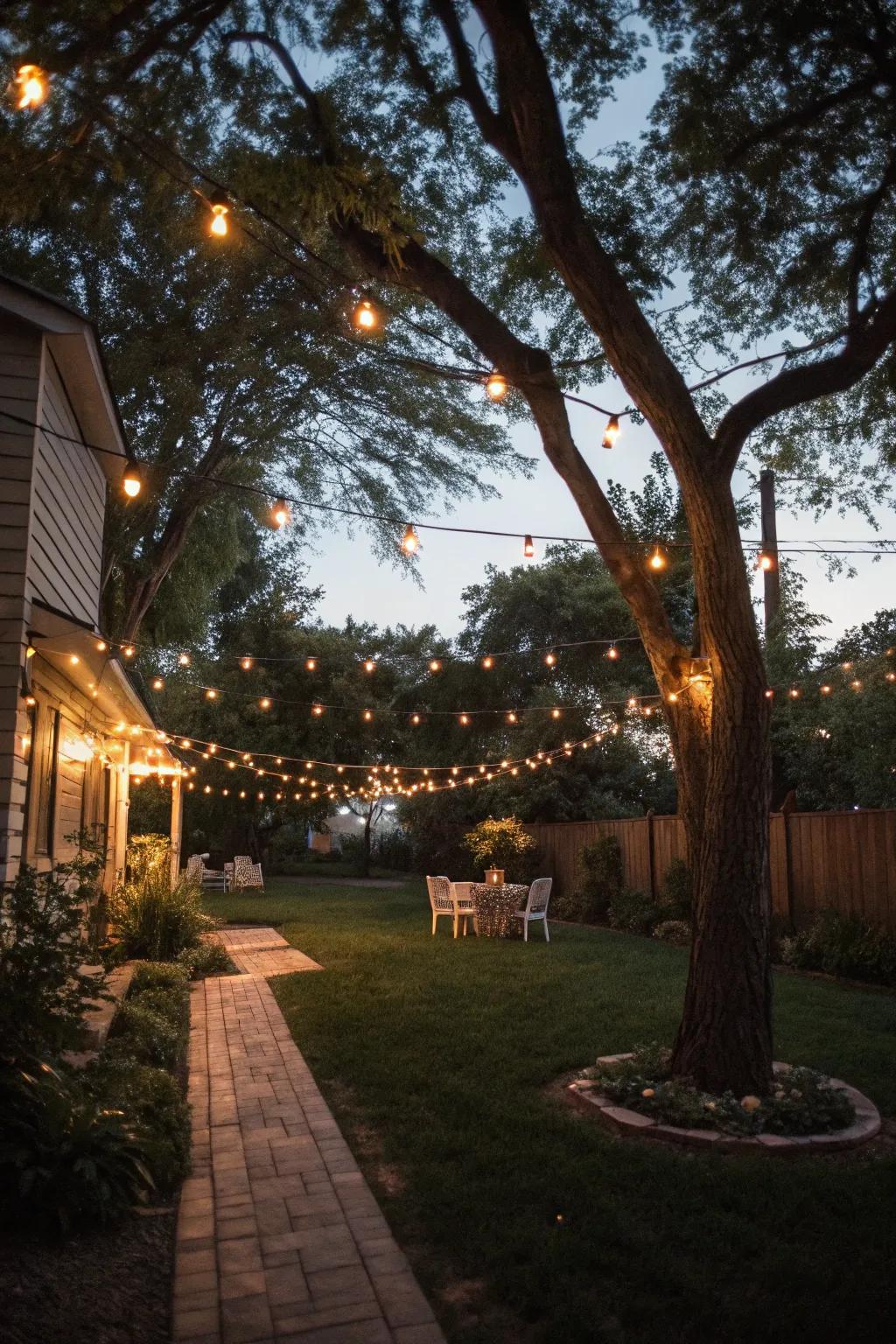 Twinkle lights bring a magical sparkle to night-time backyard celebrations.