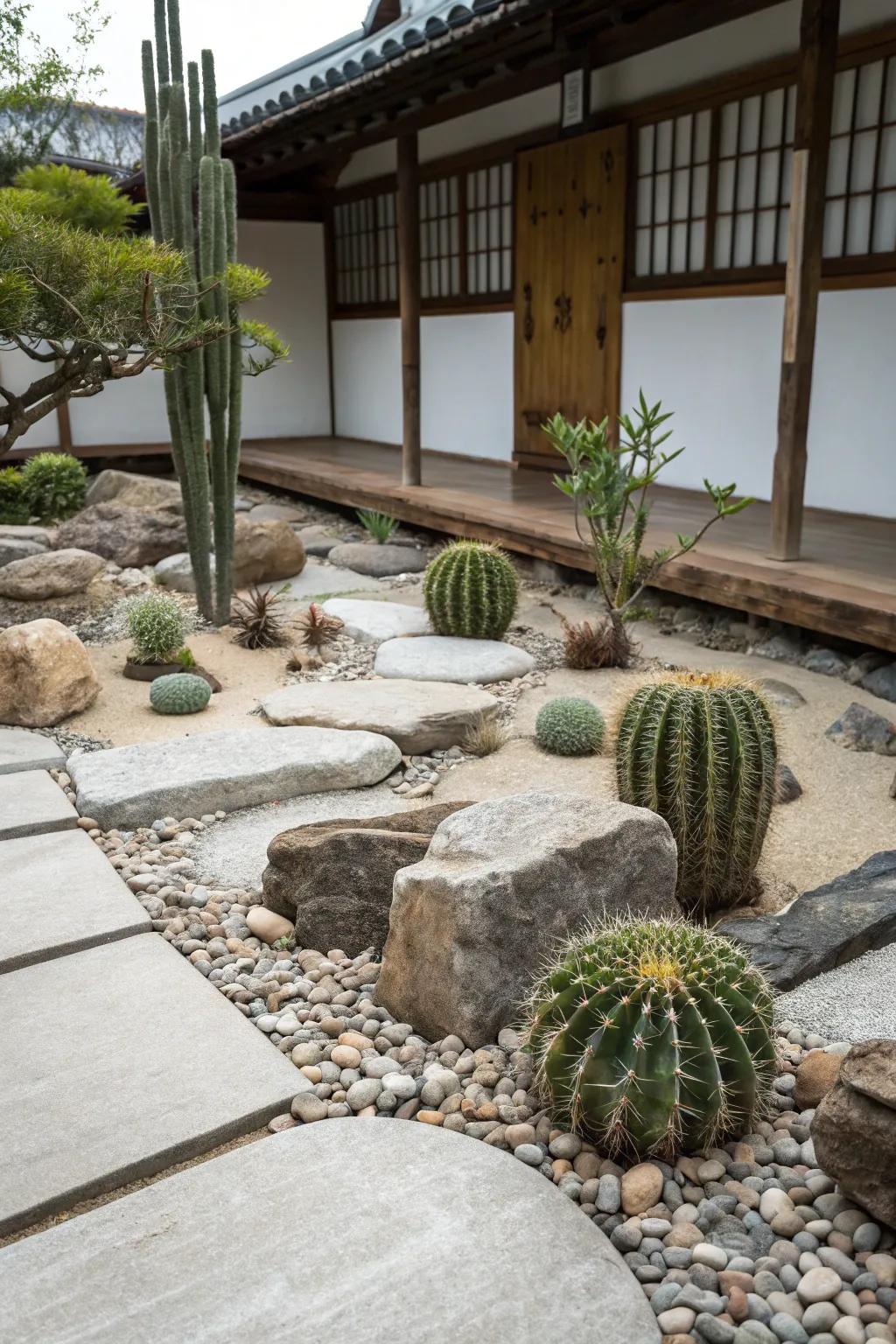 A peaceful zen garden featuring a blend of potted plants, stones, and various types of cacti.