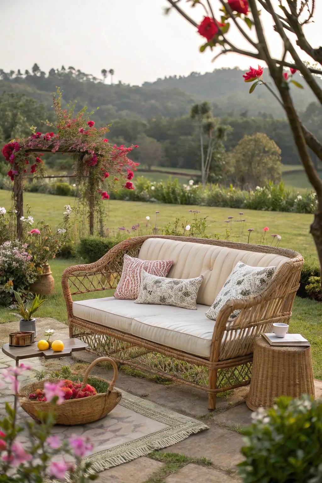 Woven couches integrate flawlessly with garden settings for an organic aesthetic.