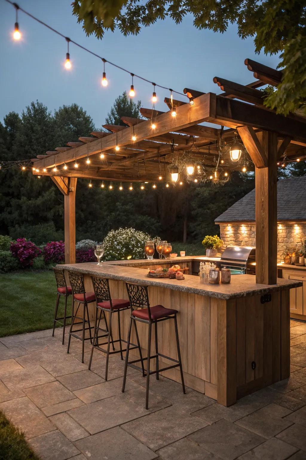 A rustic-style shade provides a magical backdrop for an outdoor kitchen.