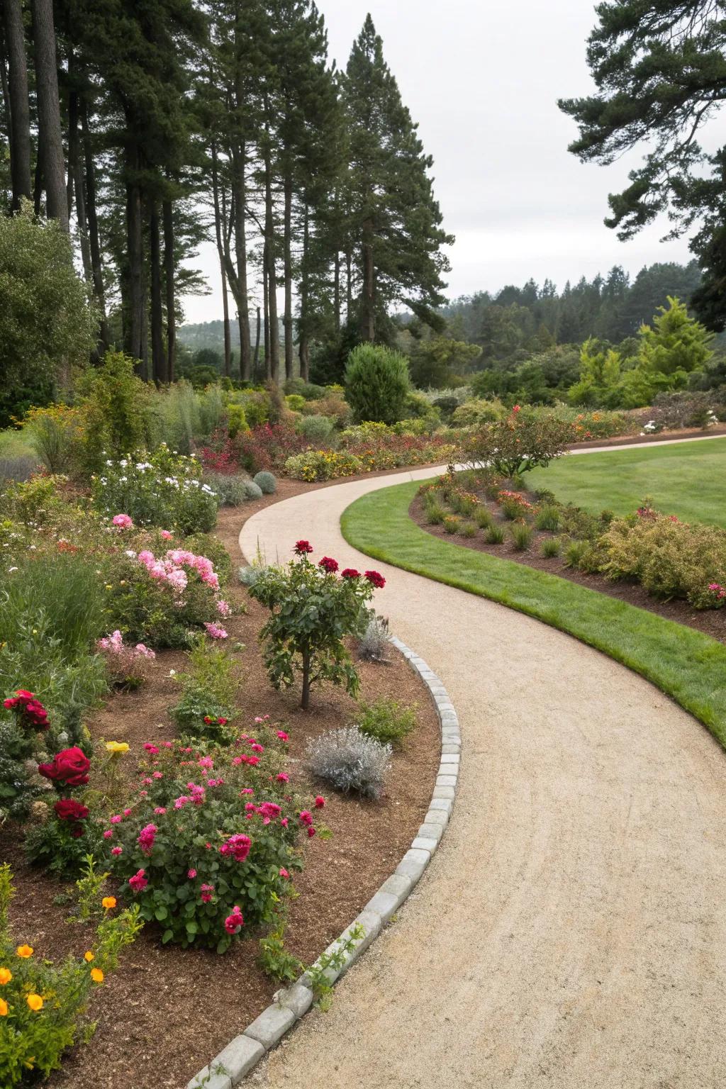 A crushed rock pathway winds through a lush garden, providing a tranquil retreat.