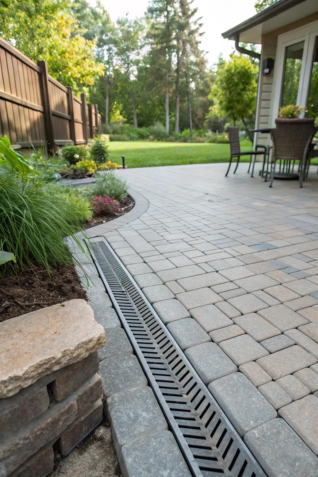A streamlined trench drain that blends effortlessly with the patio in the backyard.