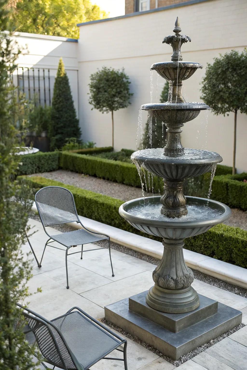A sleek metal fountain brings a modern, elegant touch to any backyard.