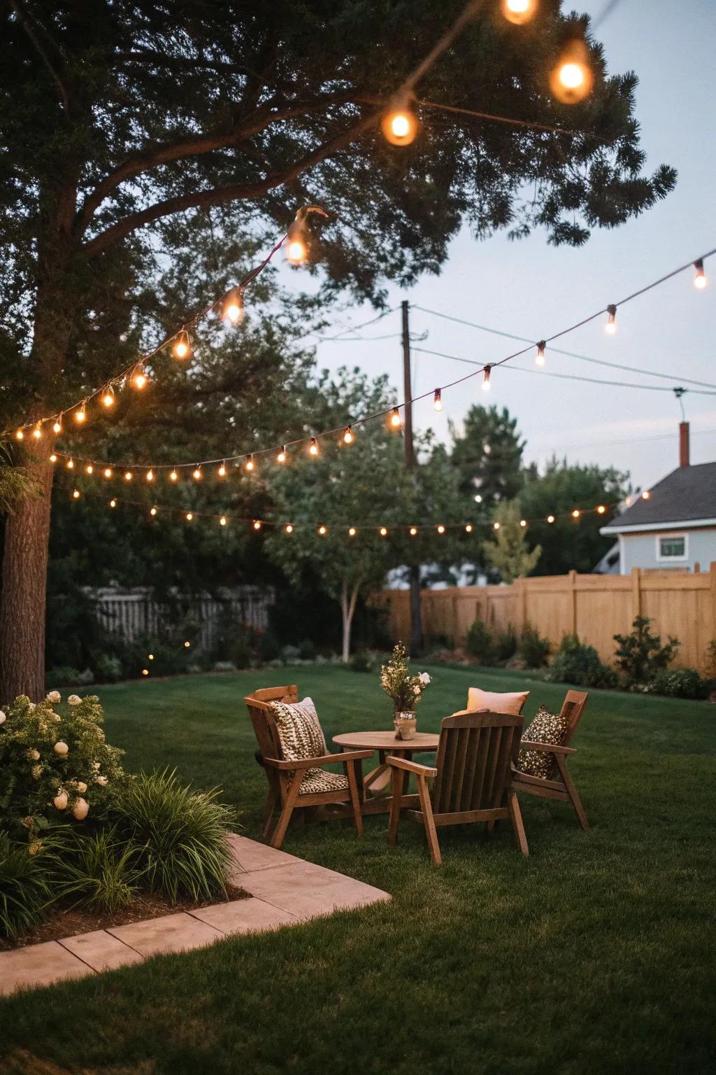 Overhead lights bring a touch of magic to any backyard setting.