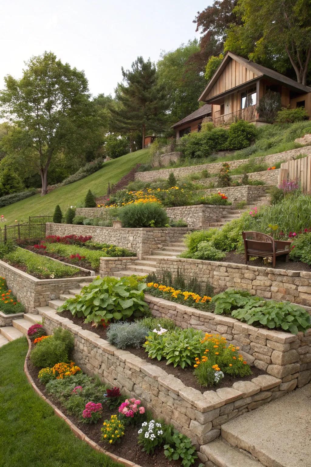 Tiered gardens make a sloping backyard gorgeous and useful.