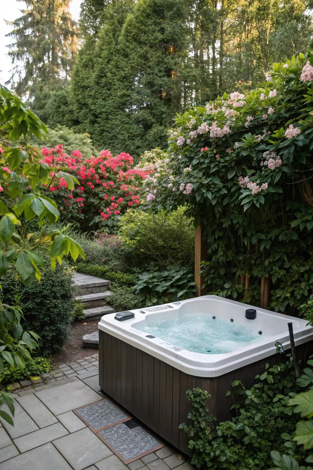 A spa tub nestled among vibrant plants crafts a natural haven.