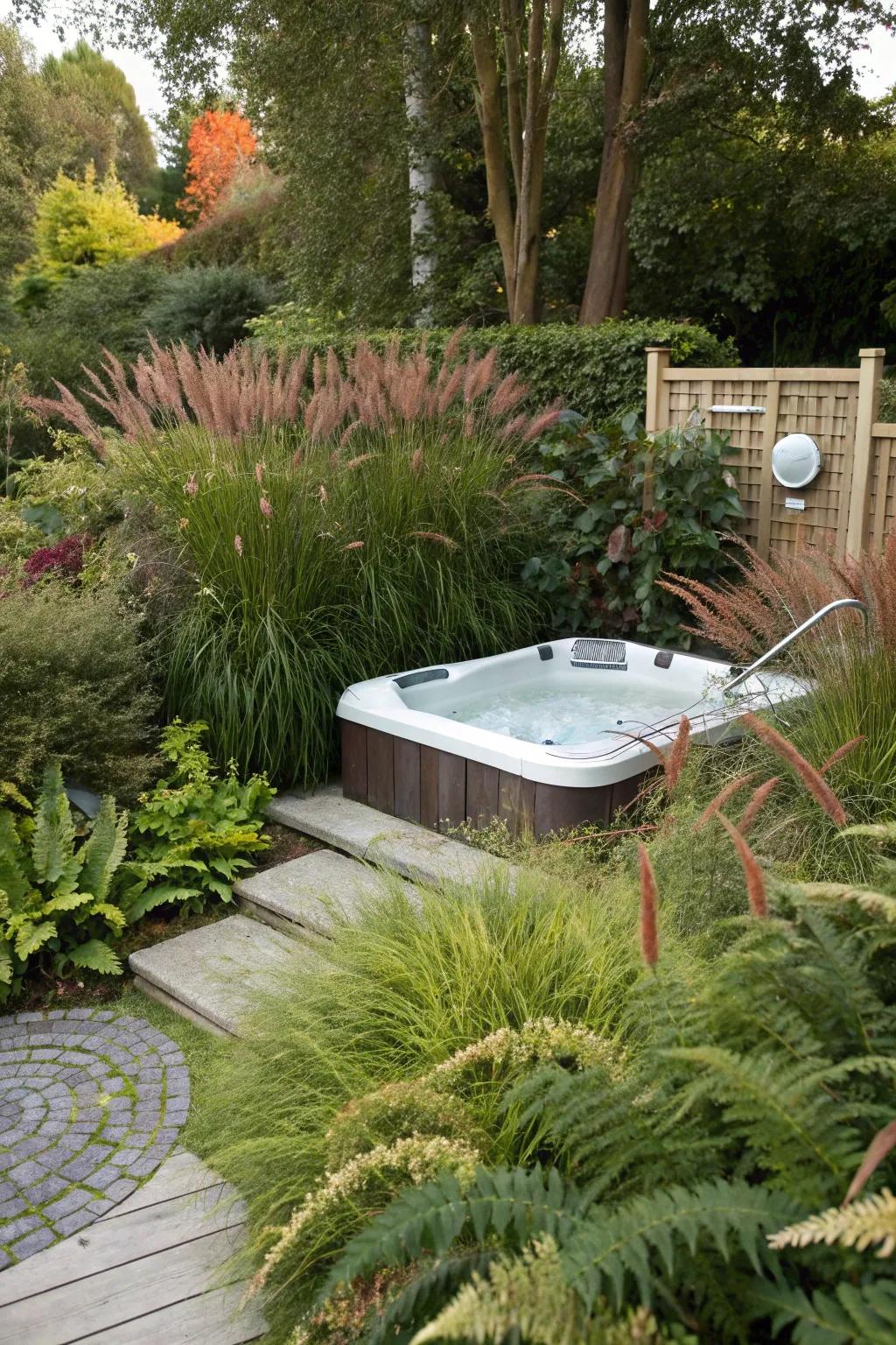 Boost relaxation by encircling your hot tub with lavish greenery.