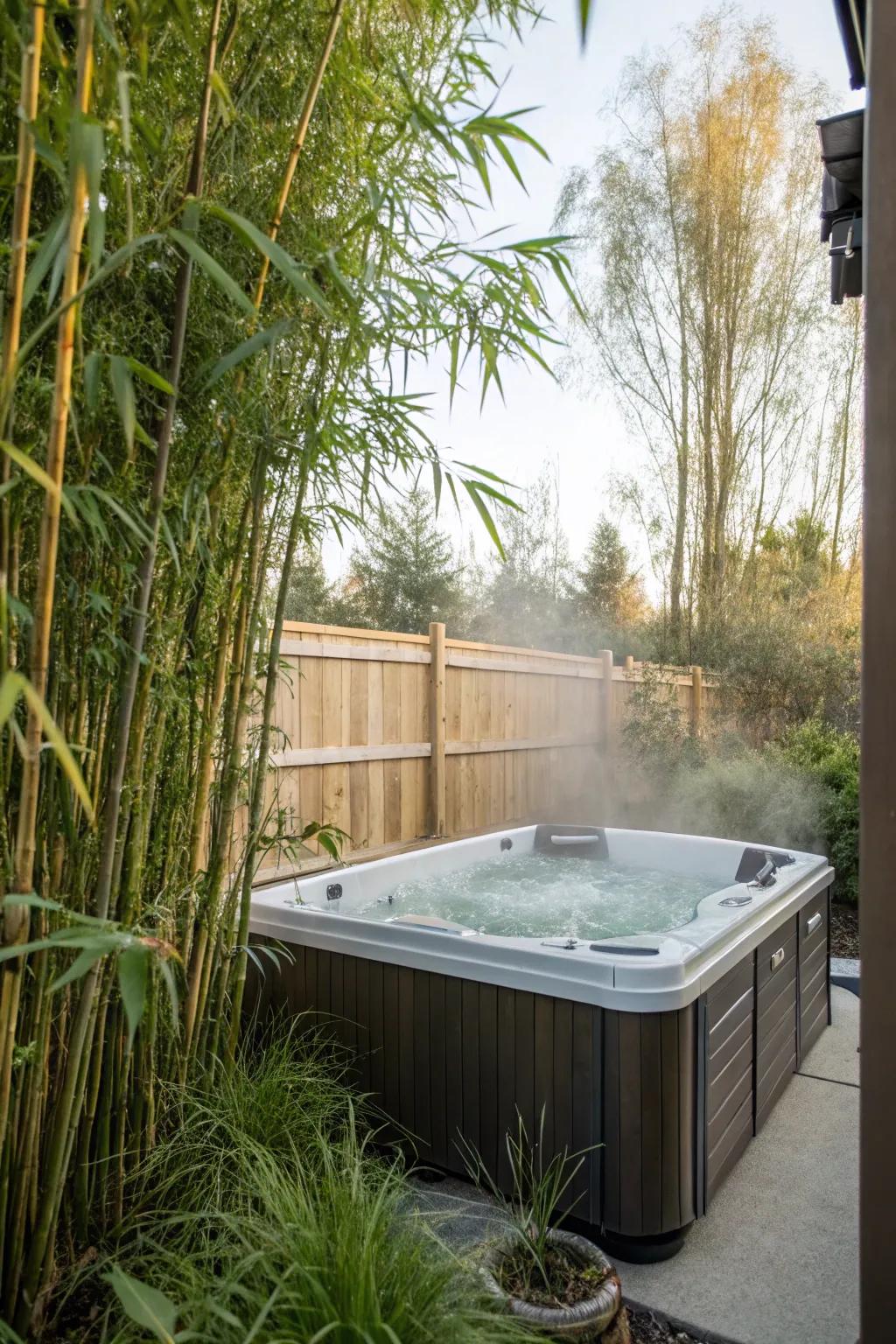 Bamboo plants offer a natural privacy shield for this comfortable hot tub.