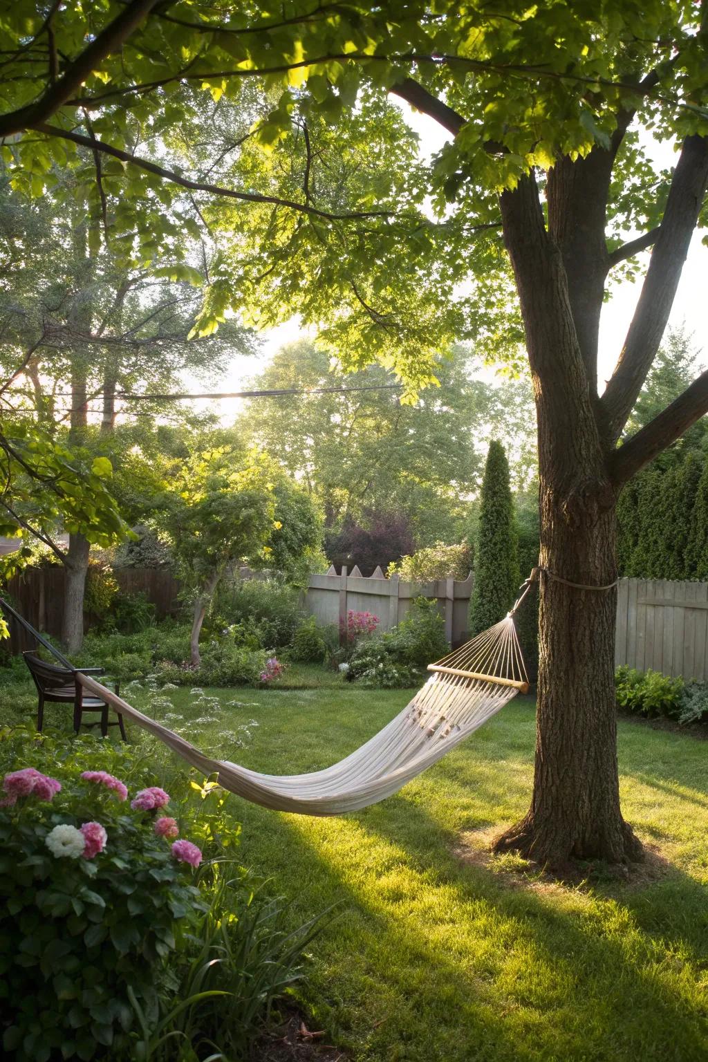 A tranquil hammock setting in a lush backyard, ideal for unwinding.